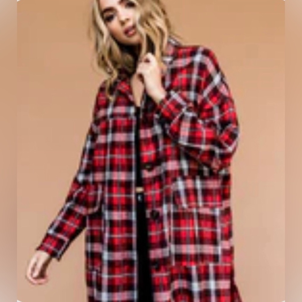 DRESSED IN LALA // “ Salem Oversized Longline Flannel” Shacket Red Plaid S